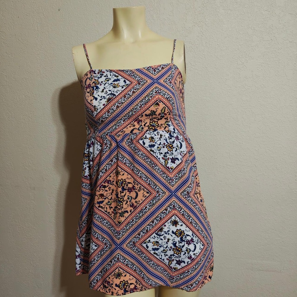 H&M Divided Multicolored Boho Geometric Floral Mini Dress Orange Blue Small